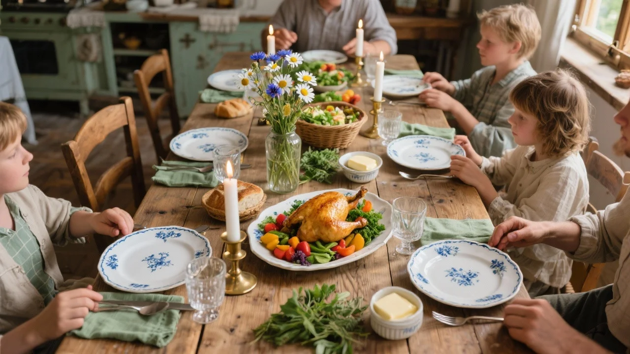 KI-generierte Illustration: Liebevoll gedeckter Familientisch