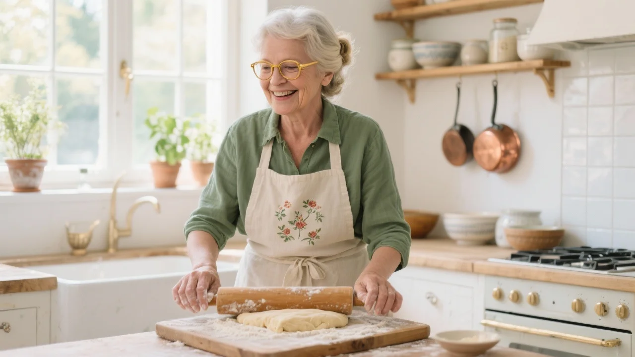 KI-generierte Illustration: Ingrid in einer gemütlichen Küche