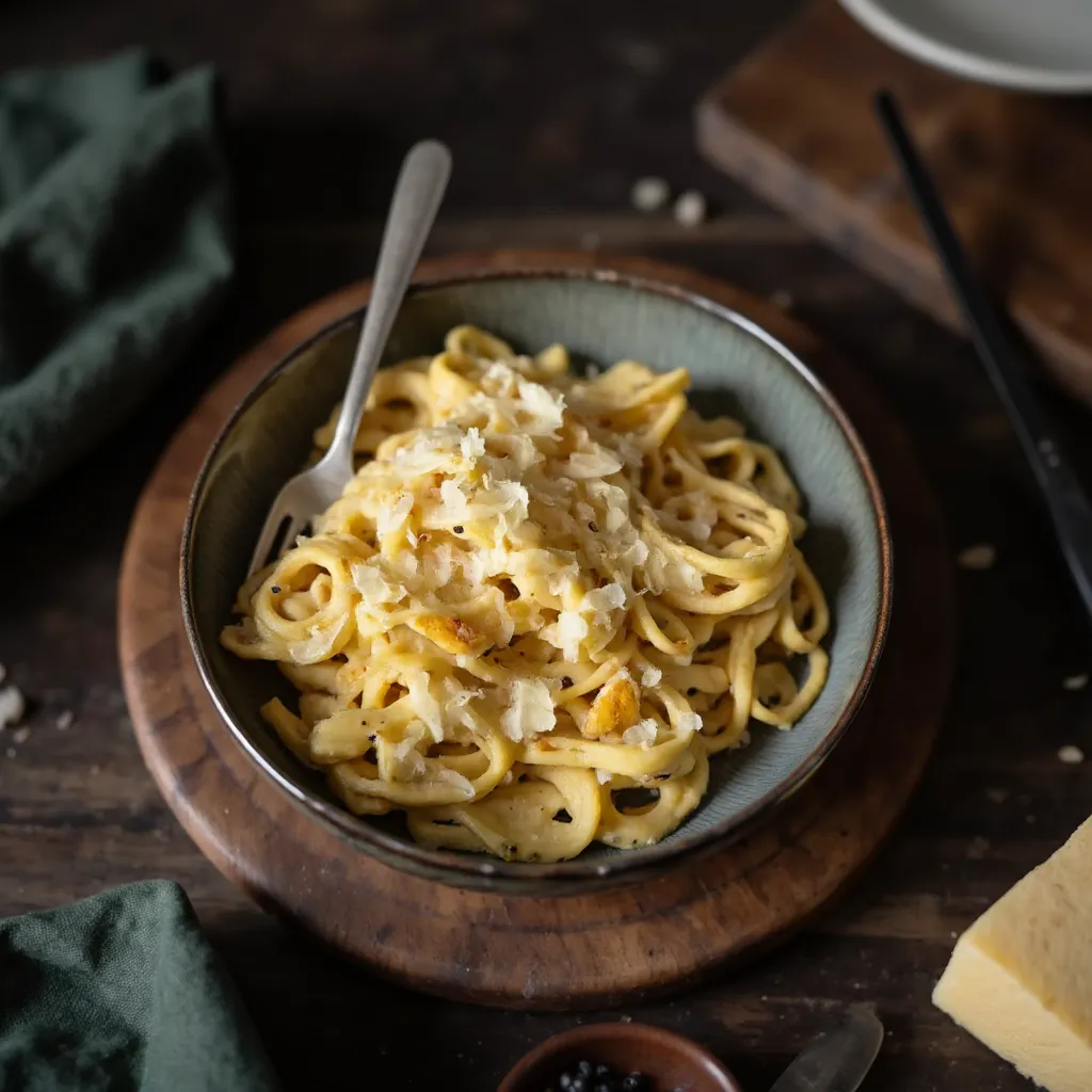 Cremige 5-Zutaten-Pasta mit Parmesan und geroestetem Knoblauch in einer rustikalen Keramikschale auf Holzbrett