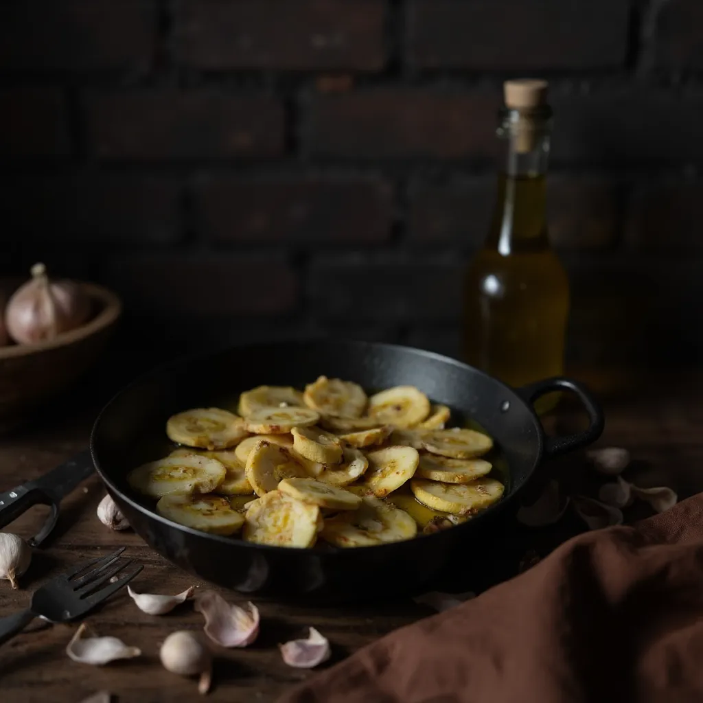 Duenne Knoblauchscheiben roesten goldbraun in Olivenoel in einer gusseisernen Pfanne auf rustikalem Holztisch