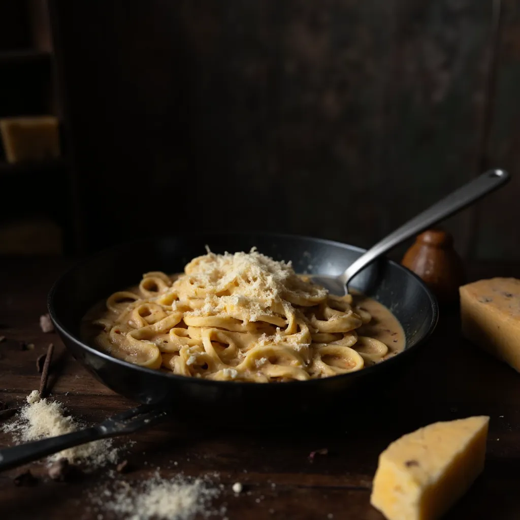 Frisch geriebener Parmesan wird ueber cremige Spaghetti in einer dunklen Pfanne gestreut, Parmesanstuecke daneben