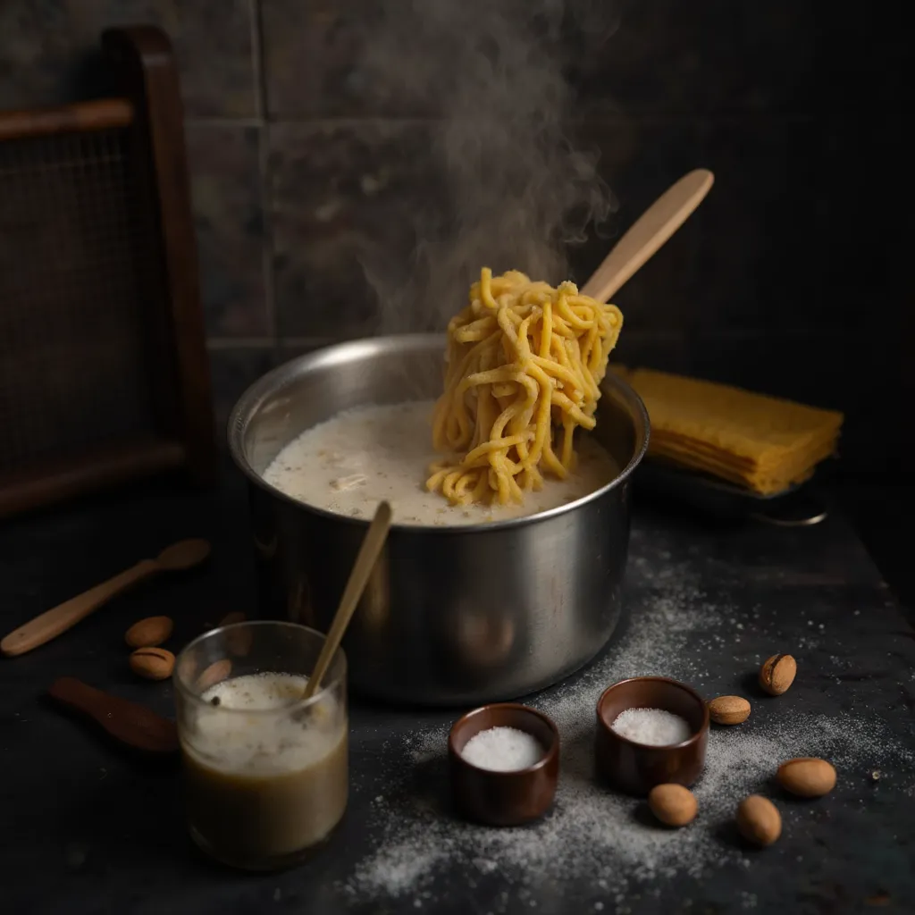 Spaghetti werden mit einem Holzloeffel aus einem dampfenden Topf mit kochendem Salzwasser gehoben