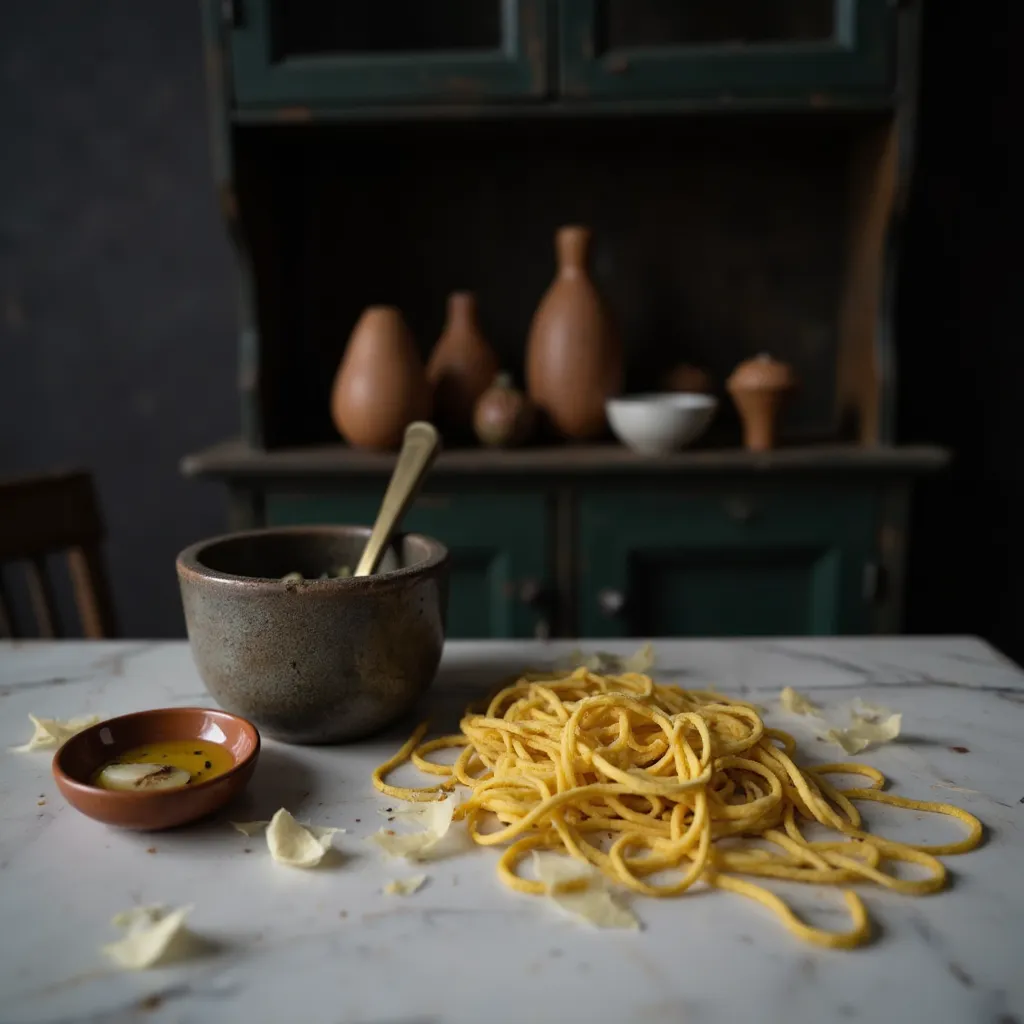 Lose Spaghetti neben einem Steinmoerser mit Pfefferkoernern und Parmesanspaenen auf weisser Marmorflaeche