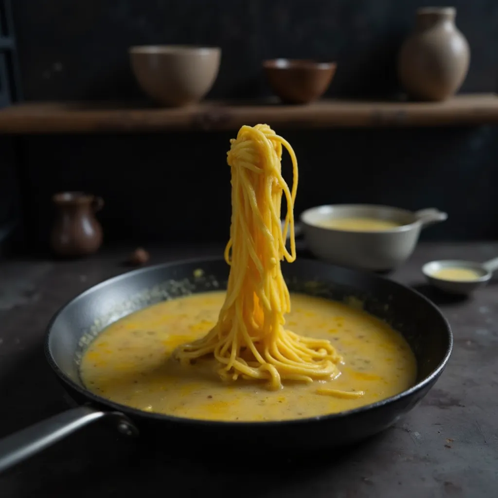 Spaghetti werden mit einer Zange aus einer glaenzenden Olivenoel-Nudelwasser-Emulsion in der Pfanne gehoben