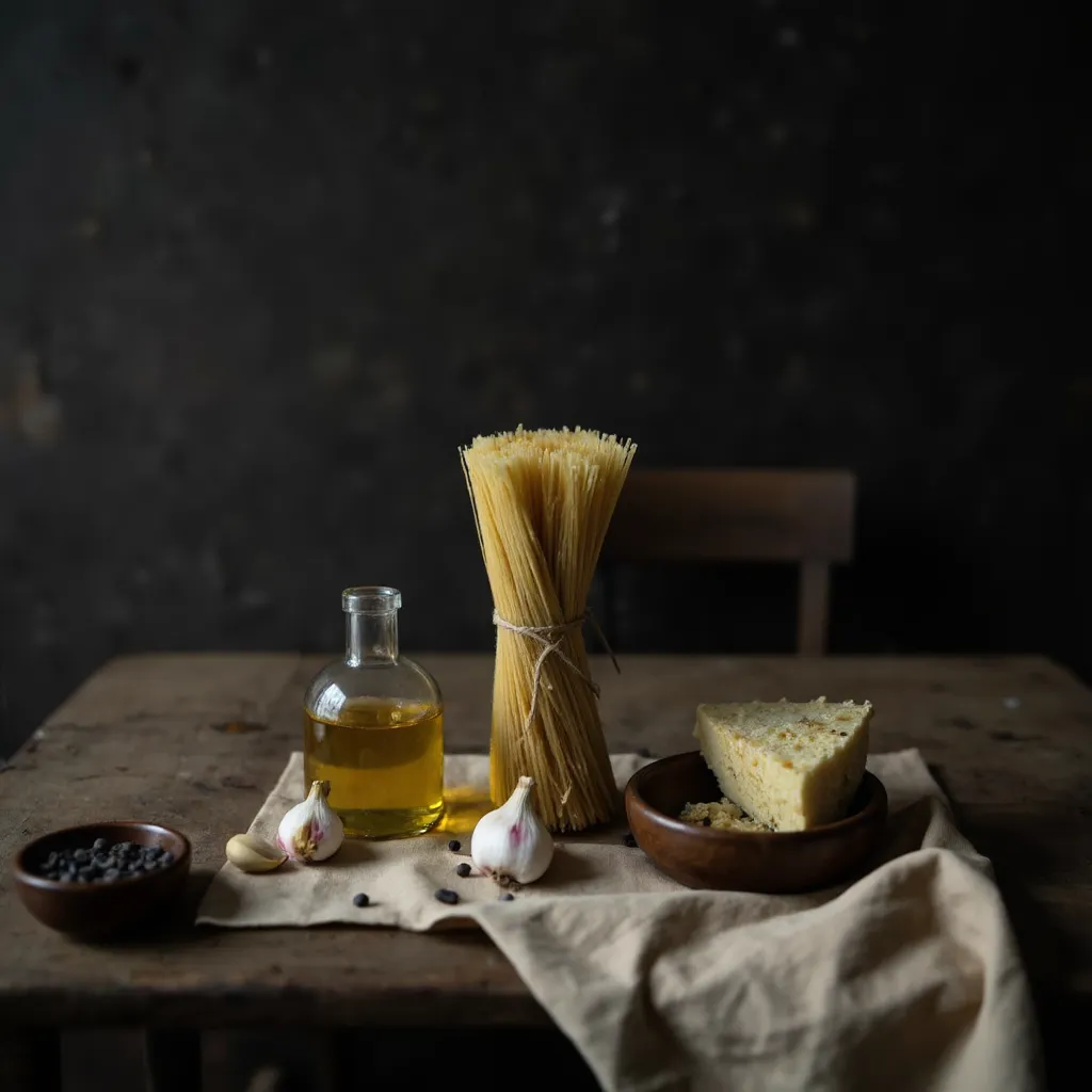 Fuenf Zutaten fuer minimalistische Pasta aufgereiht: Spaghetti, Olivenoel, Knoblauch, Parmesan und Pfefferkoerner