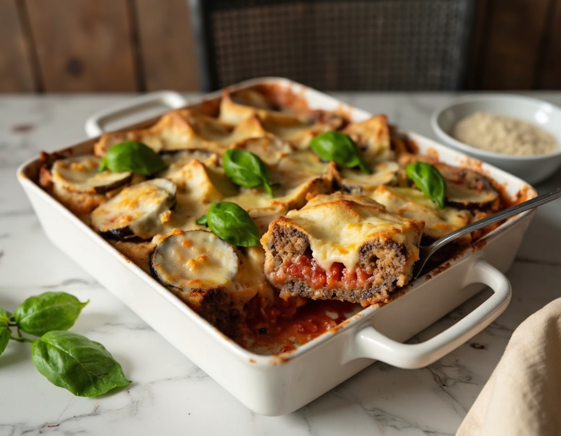 Fertiger Auberginen Parmesan Auflauf mit goldbraun überbackenem Käse, Tomatensauce und frischem Basilikum in Keramikform