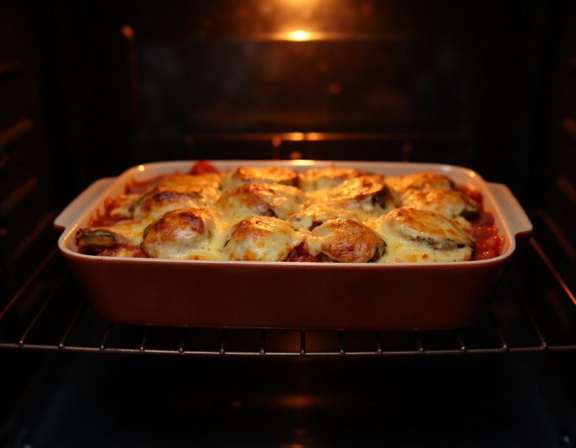 Auberginen Parmesan Auflauf im Backofen mit goldbraun überbackener Käsekruste und blubbernder Tomatensauce