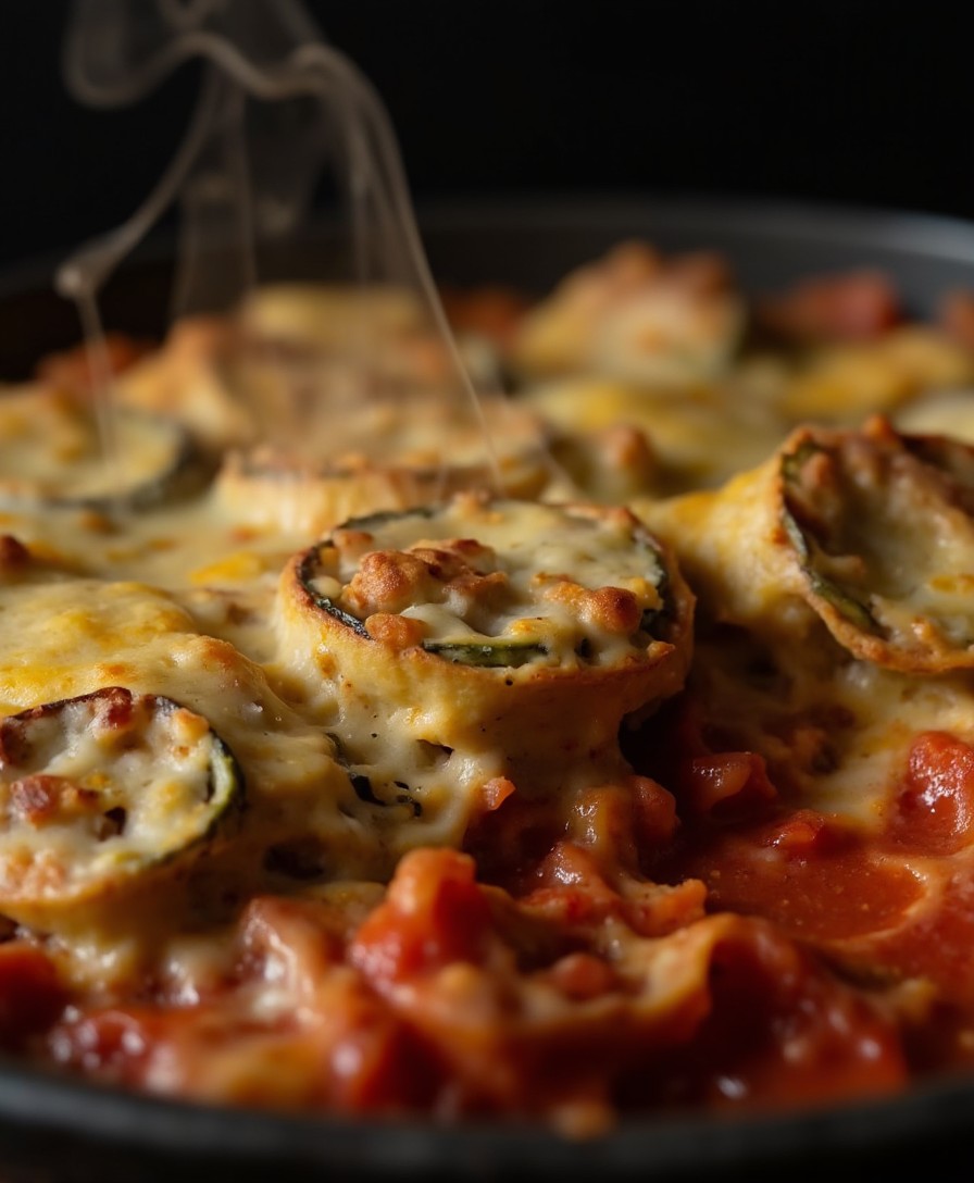 Nahaufnahme der goldbraunen Käsekruste des Auberginen Parmesan mit blubbernder Tomatensauce und Dampf