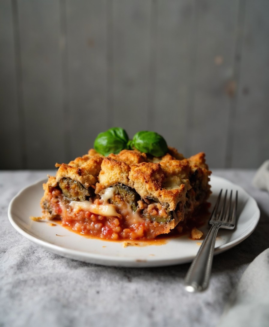 Portion Auberginen Parmesan auf einem weißen Teller mit sichtbaren Schichten aus Aubergine, Tomatensauce und geschmolzenem Mozzarella