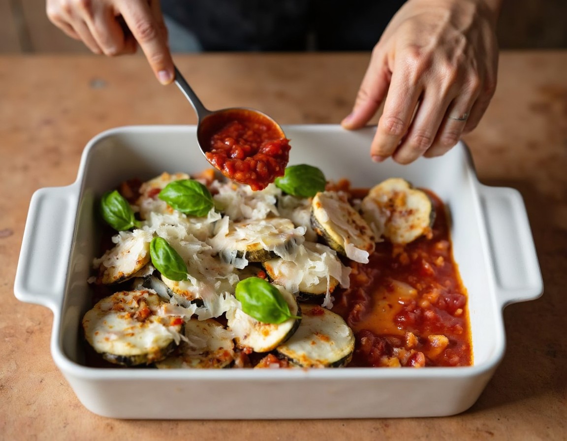 Auberginen Parmesan wird Schicht für Schicht mit Tomatensauce, Mozzarella und Parmesan in einer Auflaufform aufgebaut