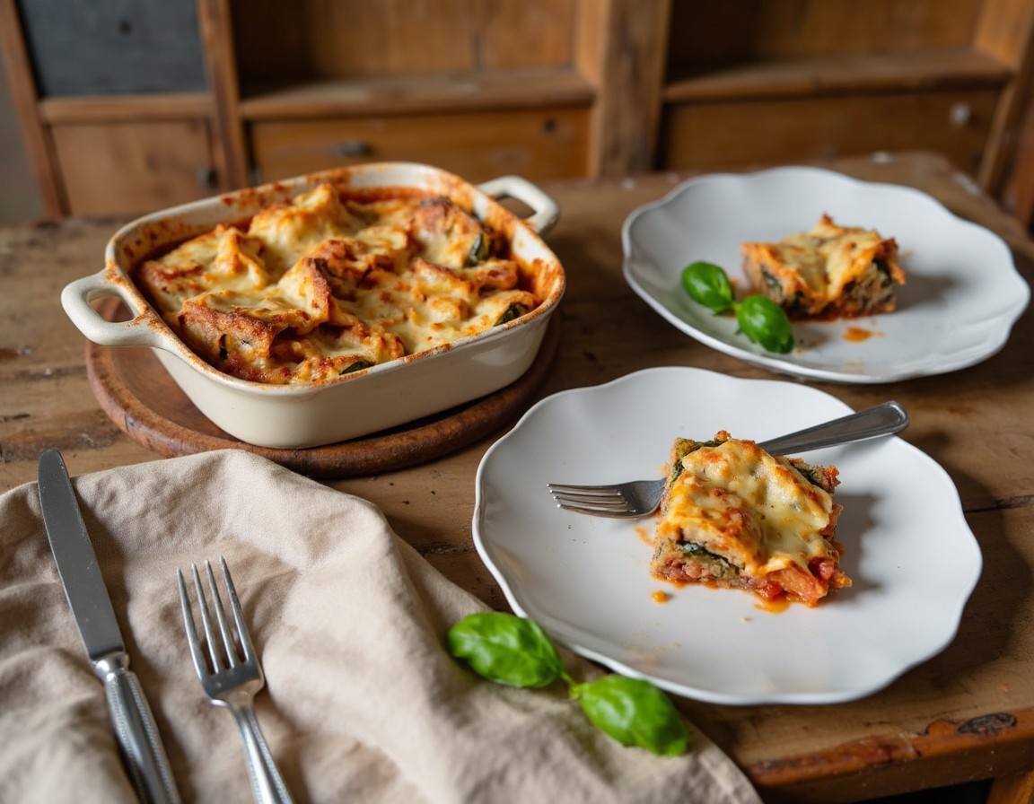 Frisch aus dem Ofen genommener Auberginen Parmesan mit geschmolzenem Käse, garniert mit frischen Basilikumblättern