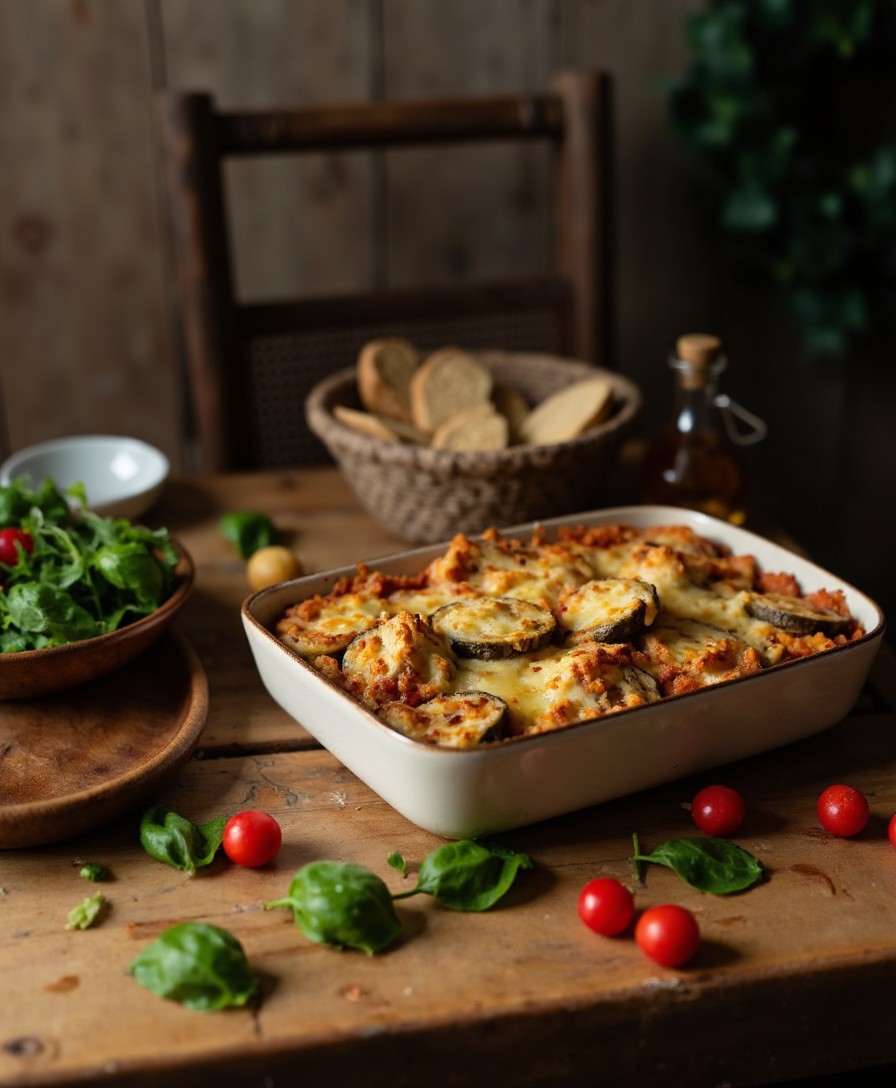 Auberginen Parmesan in der Auflaufform auf einem gedeckten Tisch mit Rucolasalat, Ciabatta und Olivenöl
