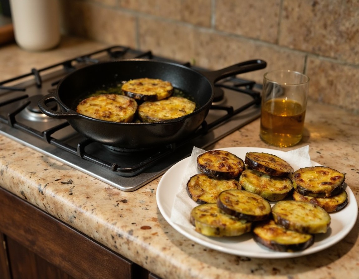 Auberginenscheiben werden portionsweise in einer großen Pfanne mit Olivenöl goldbraun und knusprig angebraten