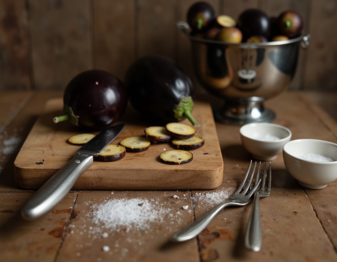 Frisch geschnittene Auberginenscheiben werden auf einem Schneidebrett großzügig mit Salz bestreut zum Entwässern
