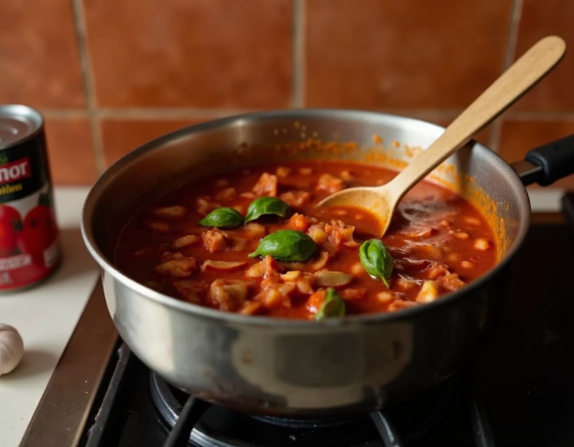 Aromatische Tomatensauce mit frischem Basilikum und Knoblauch köchelt in einem Edelstahltopf auf dem Herd