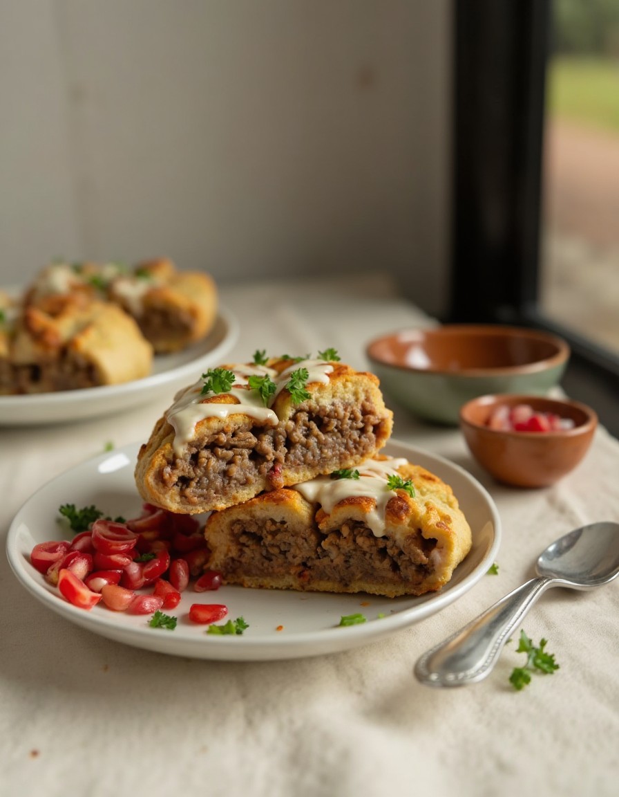 Aufgeschnittener Backpapier-Döner im Fladenbrot mit sichtbarer Fleischfüllung, Joghurtsosse und frischer Petersilie auf einem weißen Teller