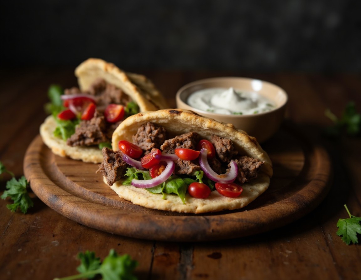 Zwei fertige Backpapier-Döner im Fladenbrot mit knusprigem Dönerfleisch, Tomaten, roten Zwiebeln und Joghurtsosse auf einem Holzbrett