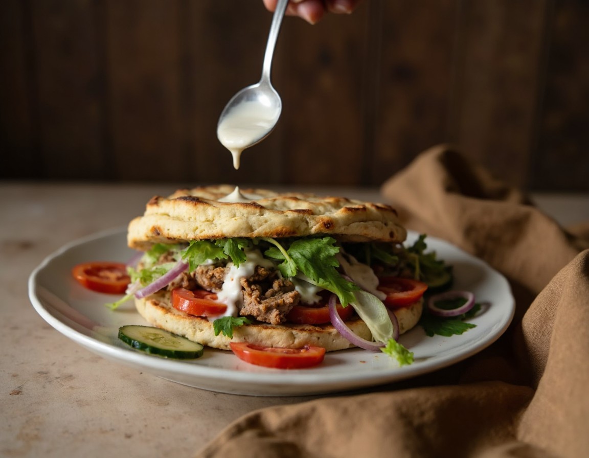 Backpapier-Döner im Fladenbrot mit Salat, Tomaten, Gurken und Joghurtsosse die von einem Löffel herunterfliesst