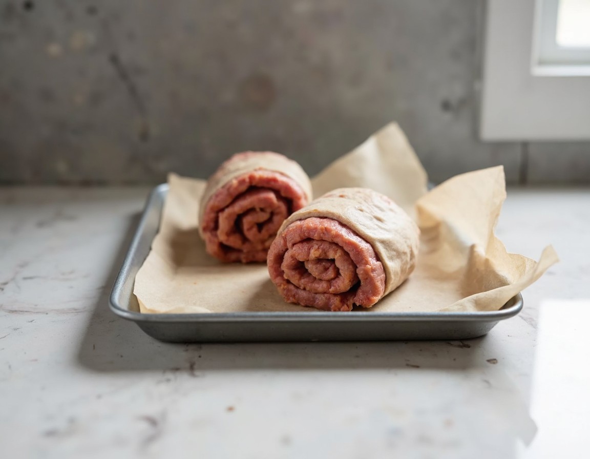 Zwei straff aufgerollte Hackfleischrollen mit sichtbaren Schichten auf einem mit Backpapier ausgelegten Backblech vor dem Backen