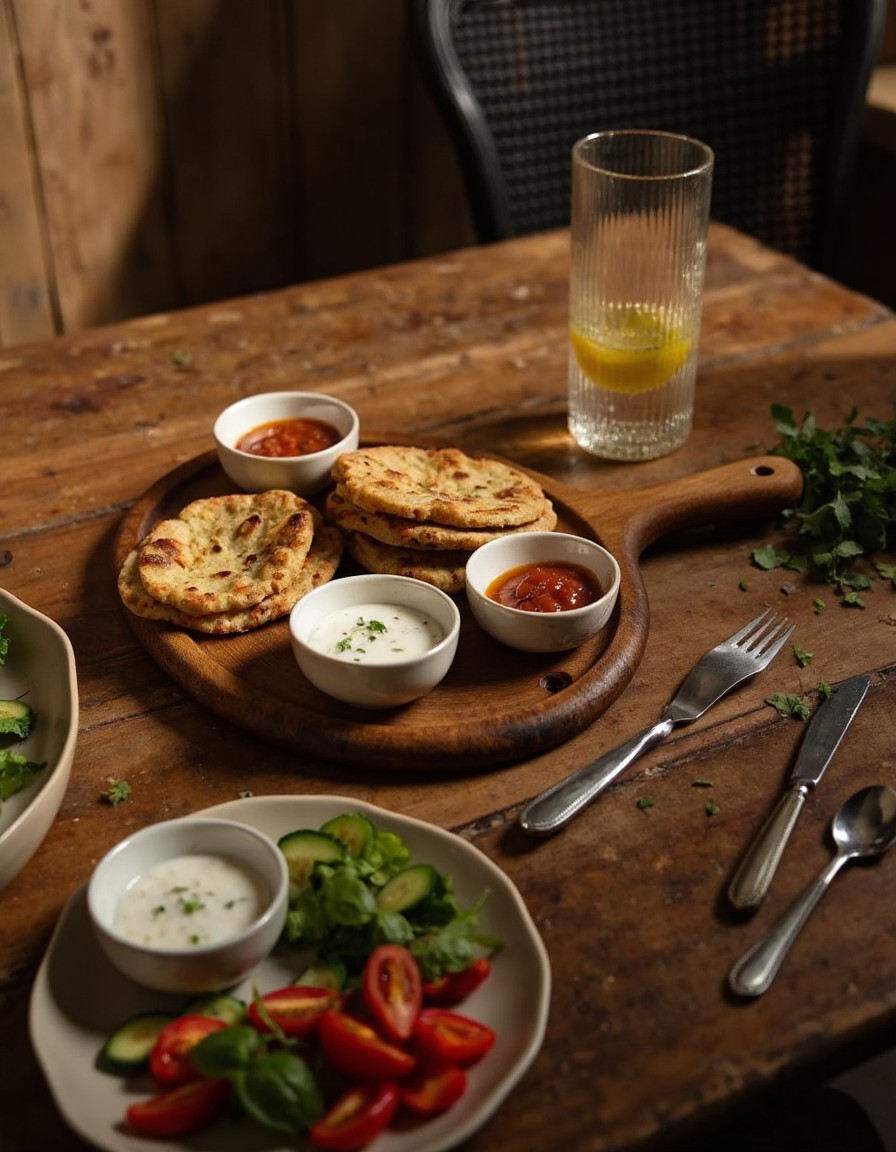 Gedeckter Tisch mit Backpapier-Döner auf einem Holzbrett, Joghurt- und scharfer Soße in Schälchen, frischem Salat und einem Glas Wasser
