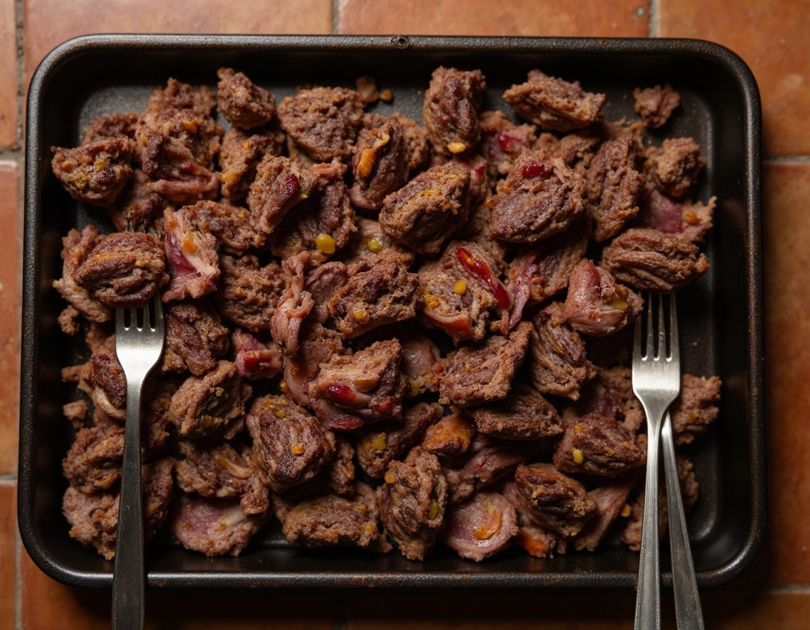 In mundgerechte Stücke gezupftes und knusprig nachgeröstetes Backpapier-Dönerfleisch auf einem dunklen Backblech mit zwei Gabeln