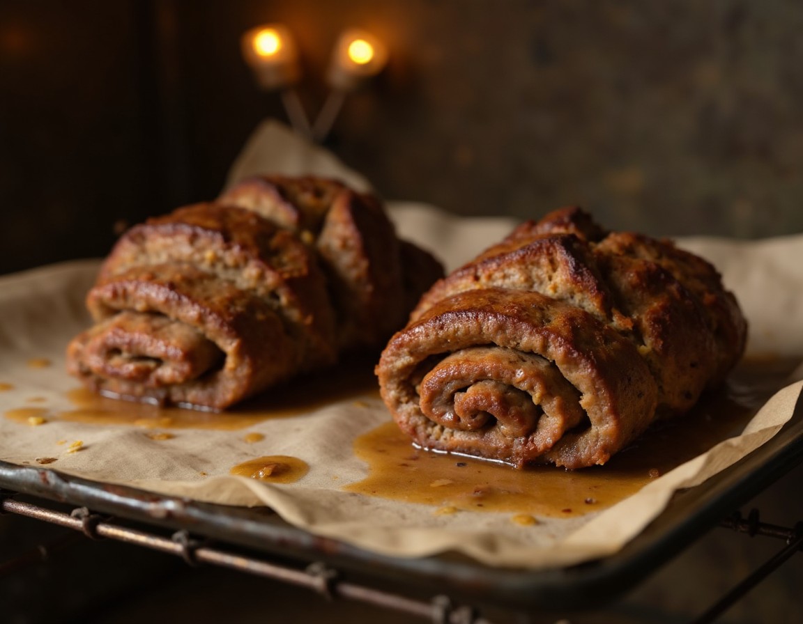 Zwei goldbraun gebackene Backpapier-Döner-Rollen mit karamellisierter Kruste auf Backpapier frisch aus dem Ofen