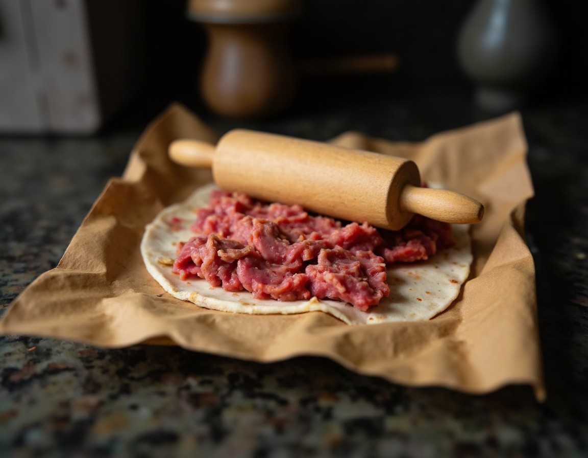 Gewürzte Hackfleischmasse wird mit einem Nudelholz auf Backpapier dünn ausgerollt für den Backpapier-Döner