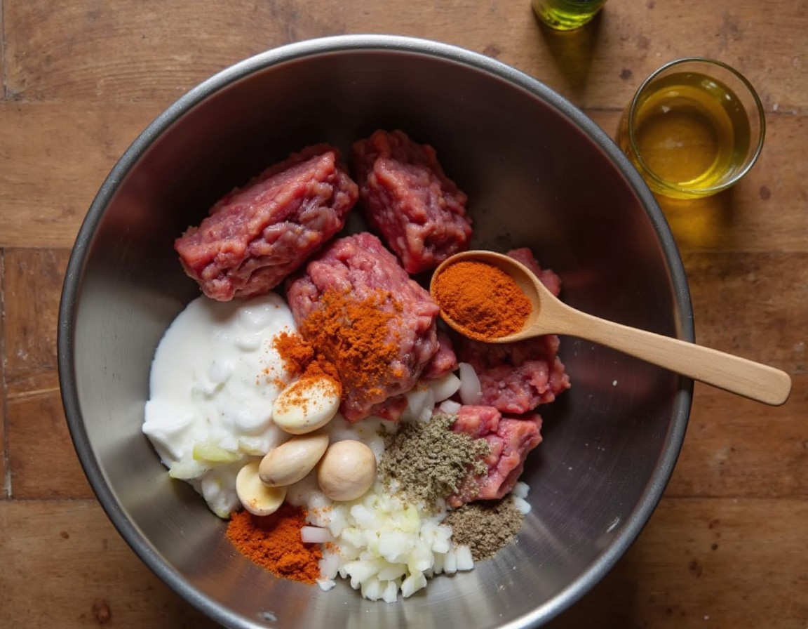 Rinderhackfleisch mit Naturjoghurt, Knoblauchzehen, gehackter Zwiebel, Paprikapulver und Gewürzen in einer Edelstahlschüssel von oben