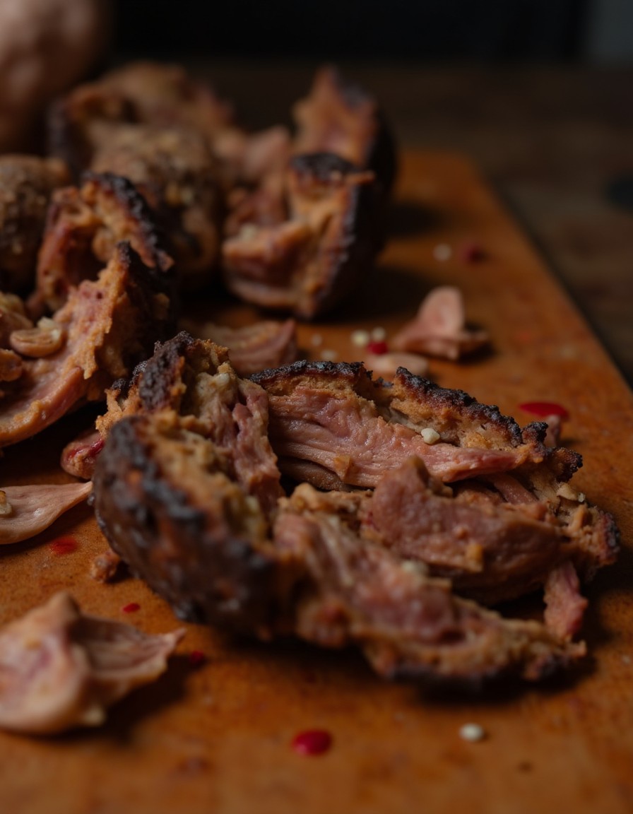 Nahaufnahme von knusprig gerösteten Dönerfleisch-Stücken mit karamellisierten Rändern und sichtbarer Textur auf einem Holzbrett