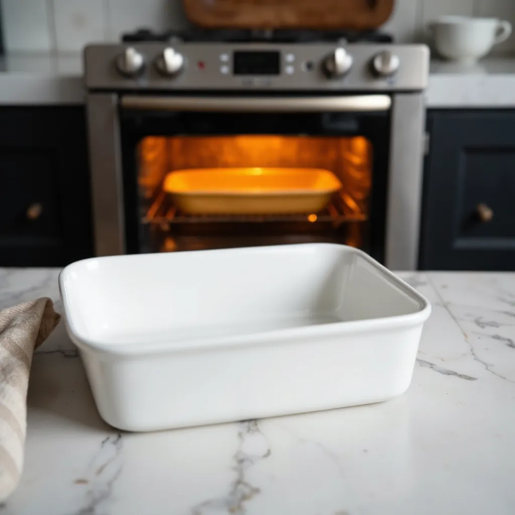Leere weisse Auflaufform auf Marmorplatte vor einem vorgeheizten Backofen mit warmem orangefarbenem Licht im Inneren