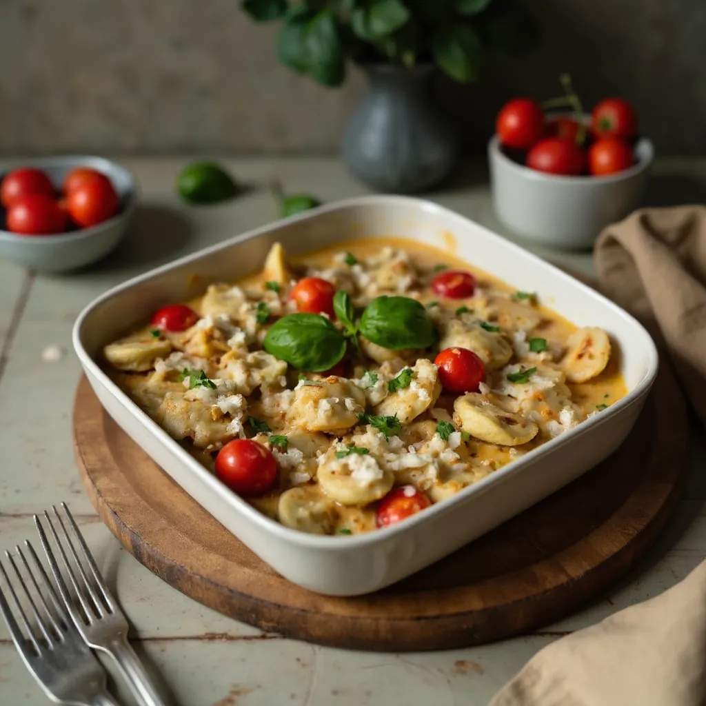 Baked Feta Gnocchi in cremiger Feta-Tomaten-Sauce mit frischem Basilikum in einer weissen Auflaufform auf Holzbrett