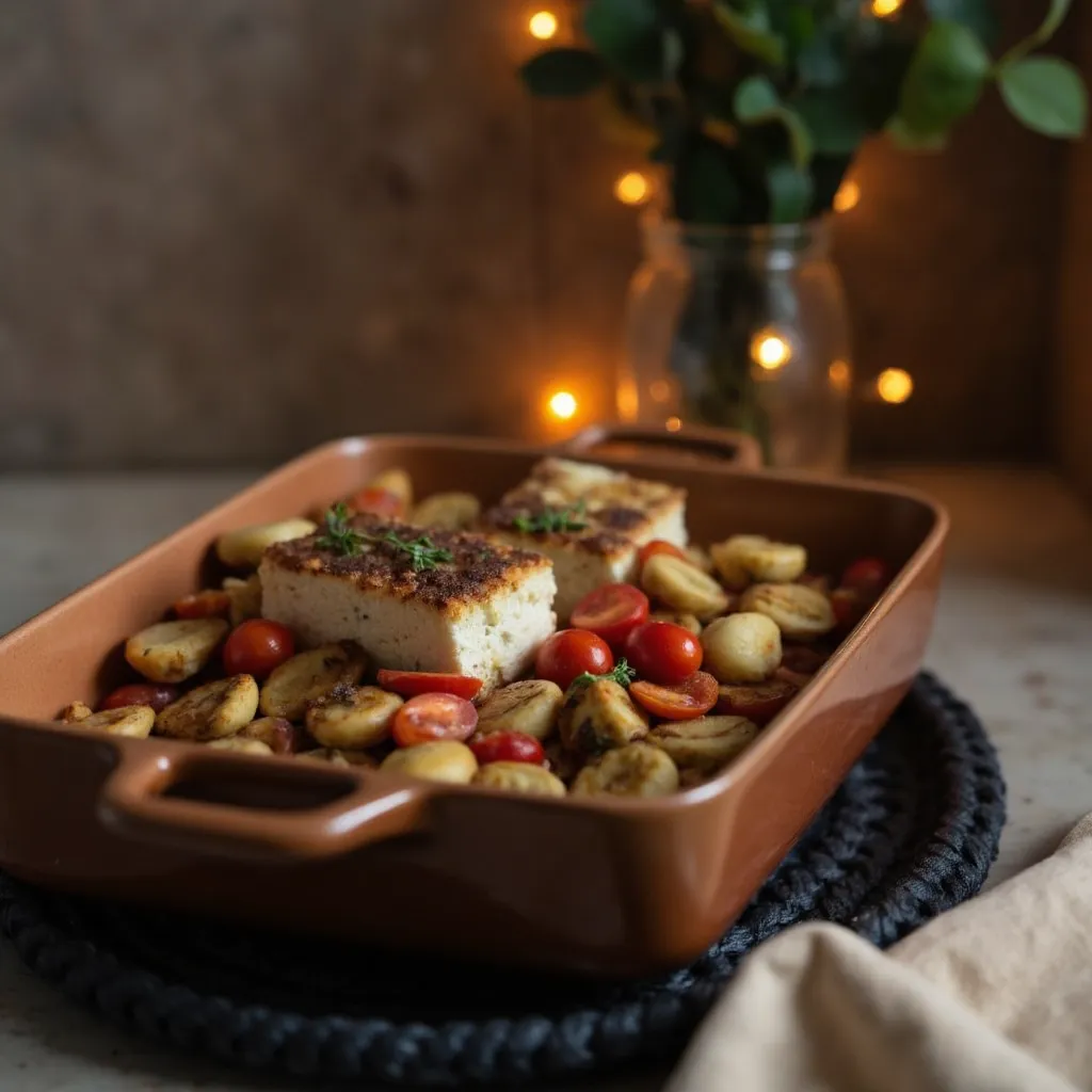 Baked Feta Gnocchi frisch aus dem Ofen mit goldbraun karamellisiertem Feta und aufgeplatzten Kirschtomaten in Tonform