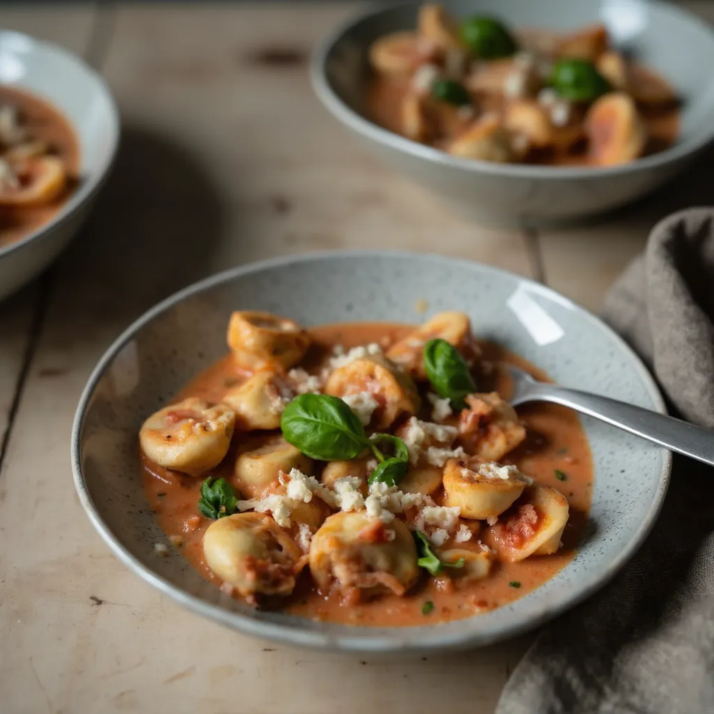 Baked Feta Gnocchi angerichtet auf einem Keramikteller mit cremiger Tomaten-Feta-Sauce und frischen Basilikumblaettern