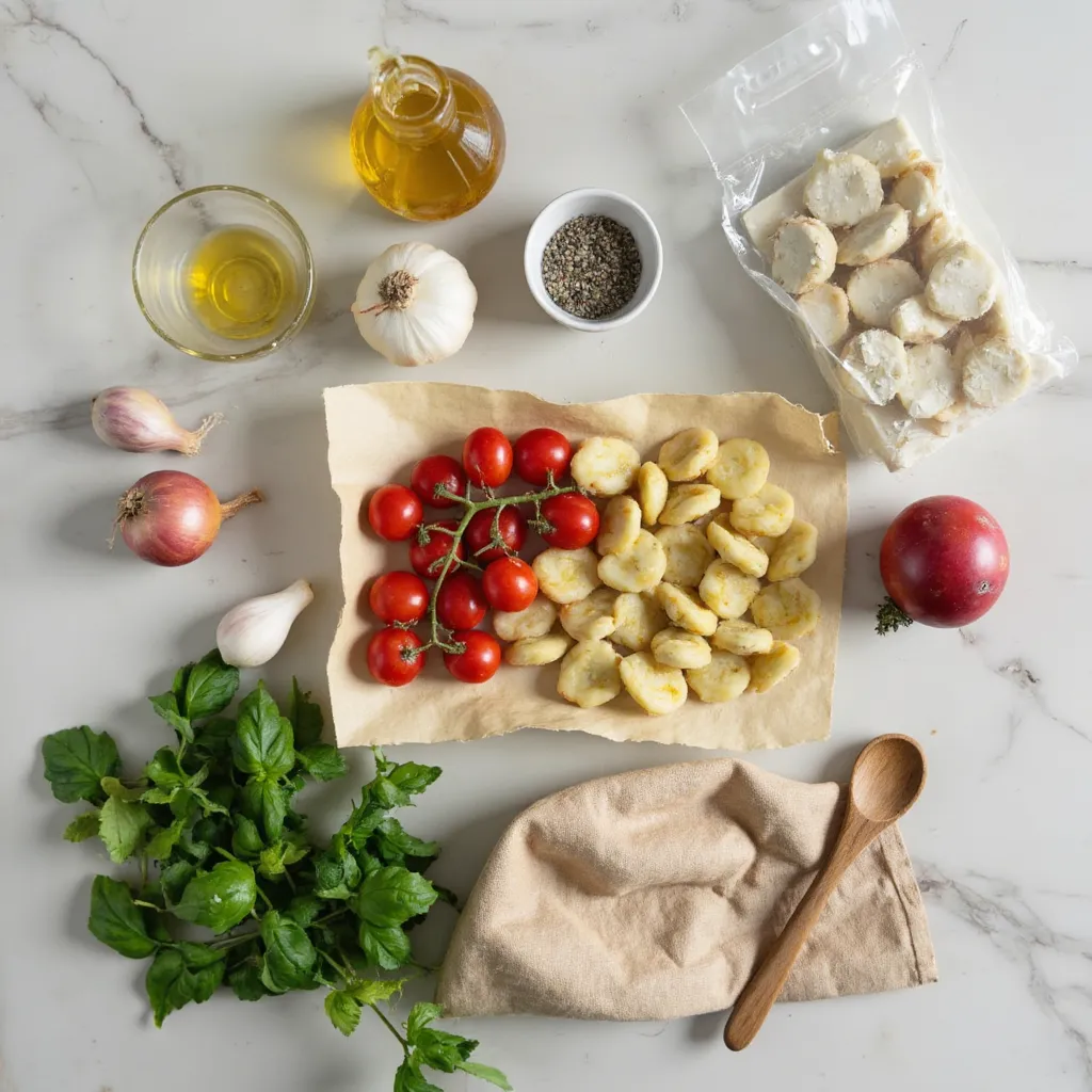 Alle Zutaten fuer Baked Feta Gnocchi auf Marmorplatte: Gnocchi, Kirschtomaten, Feta, Knoblauch, Olivenoel und Basilikum