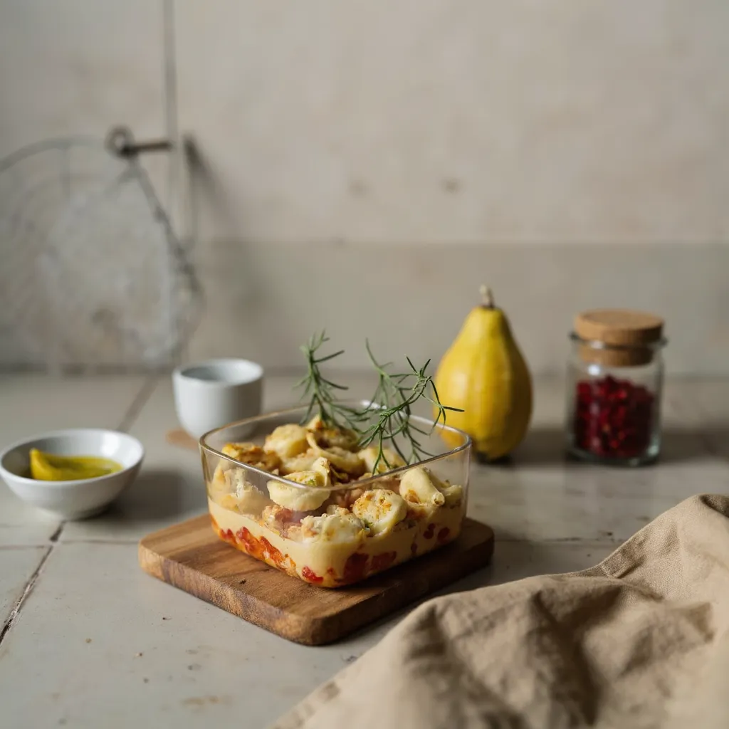 Reste von Feta Gnocchi in einem Glasbehaelter auf Holzbrett mit Rosmarin, Zitrone und Chiliflocken zum Aufbewahren