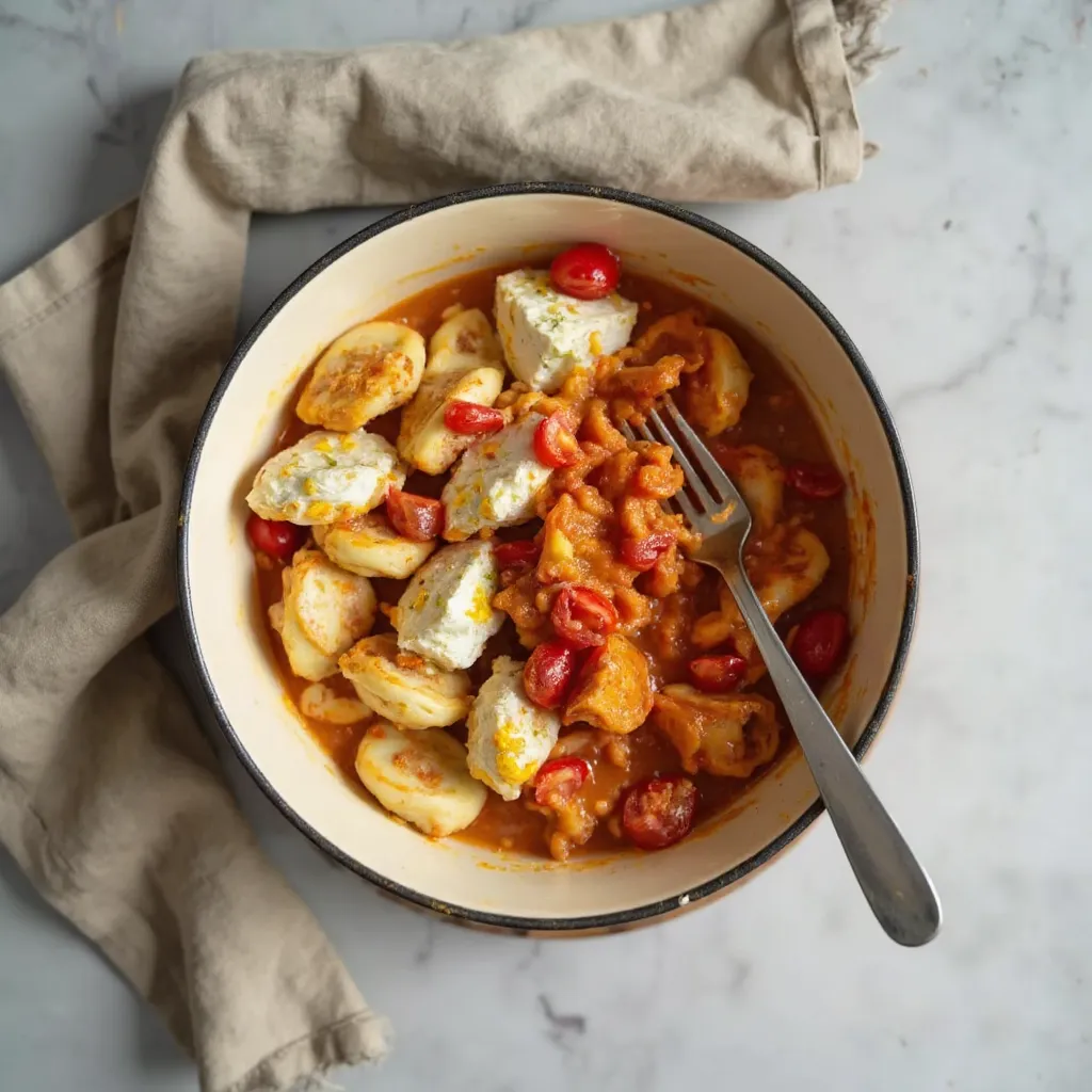 Baked Feta Gnocchi Sauce: weicher Feta wird mit einer Gabel in die Tomaten-Gnocchi-Mischung gedrueckt und verruehrt
