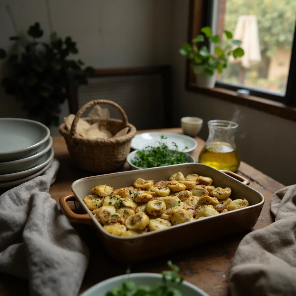 Gnocchi-Feta-Auflauf dampfend in der Backform auf einem gedeckten Holztisch mit Brot, Salat und Olivenoel