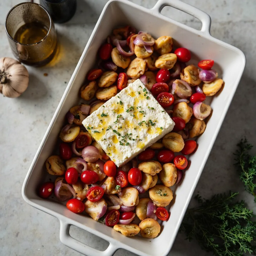 Baked Feta Gnocchi vor dem Backen: Gnocchi, Kirschtomaten und Zwiebeln mit einem ganzen Block Feta in der Auflaufform