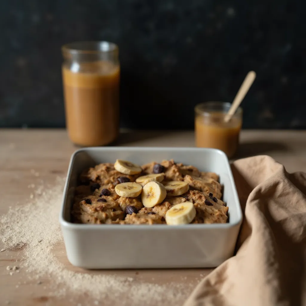 Goldbraunes Baked Oatmeal mit Erdnussbutter, Bananenscheiben und Schokodrops in weisser Keramik-Auflaufform