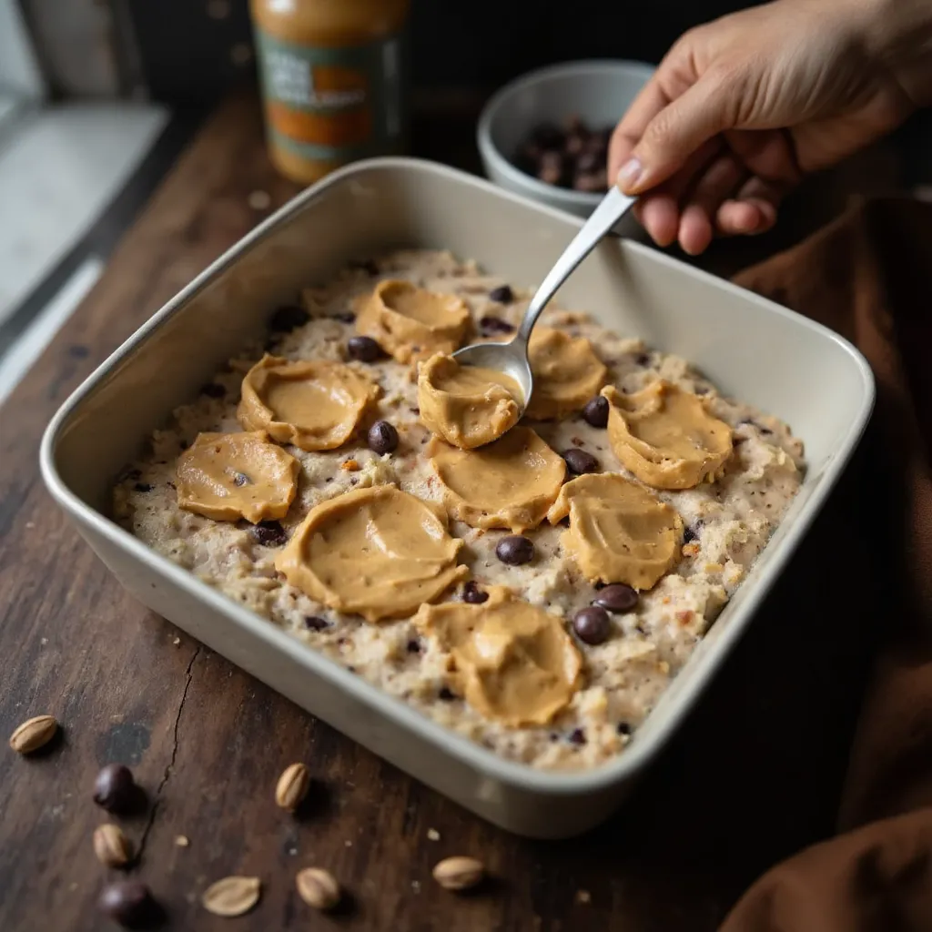 Unbaked Oatmeal in Auflaufform mit Erdnussbutter-Klecksen und Schokodrops als Topping vor dem Backen