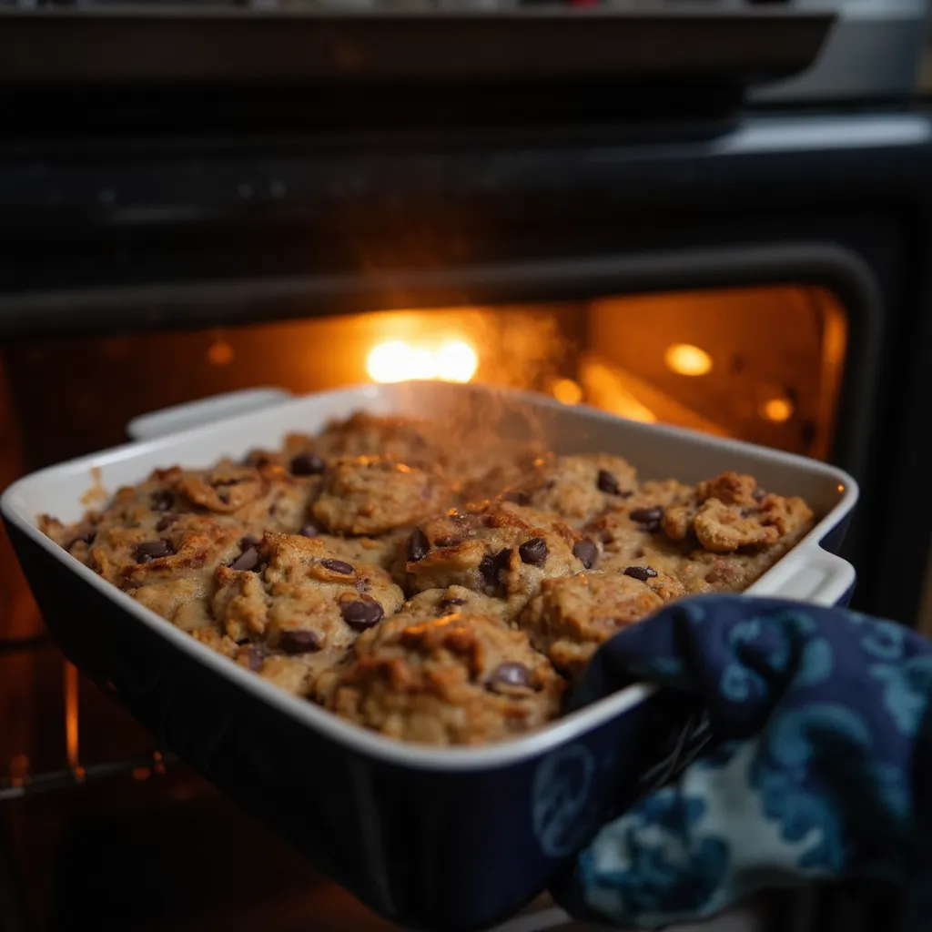 Goldbraun gebackenes Oatmeal mit Schokodrops wird mit Ofenhandschuhen aus dem Backofen geholt
