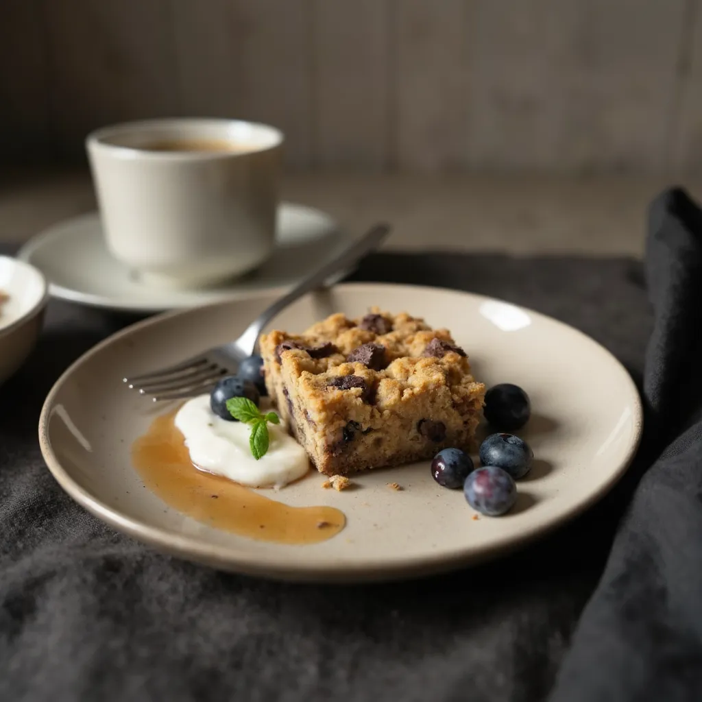 Portion Baked Oatmeal auf Teller mit Joghurt-Klecks, frischen Blaubeeren und Ahornsirup-Topping