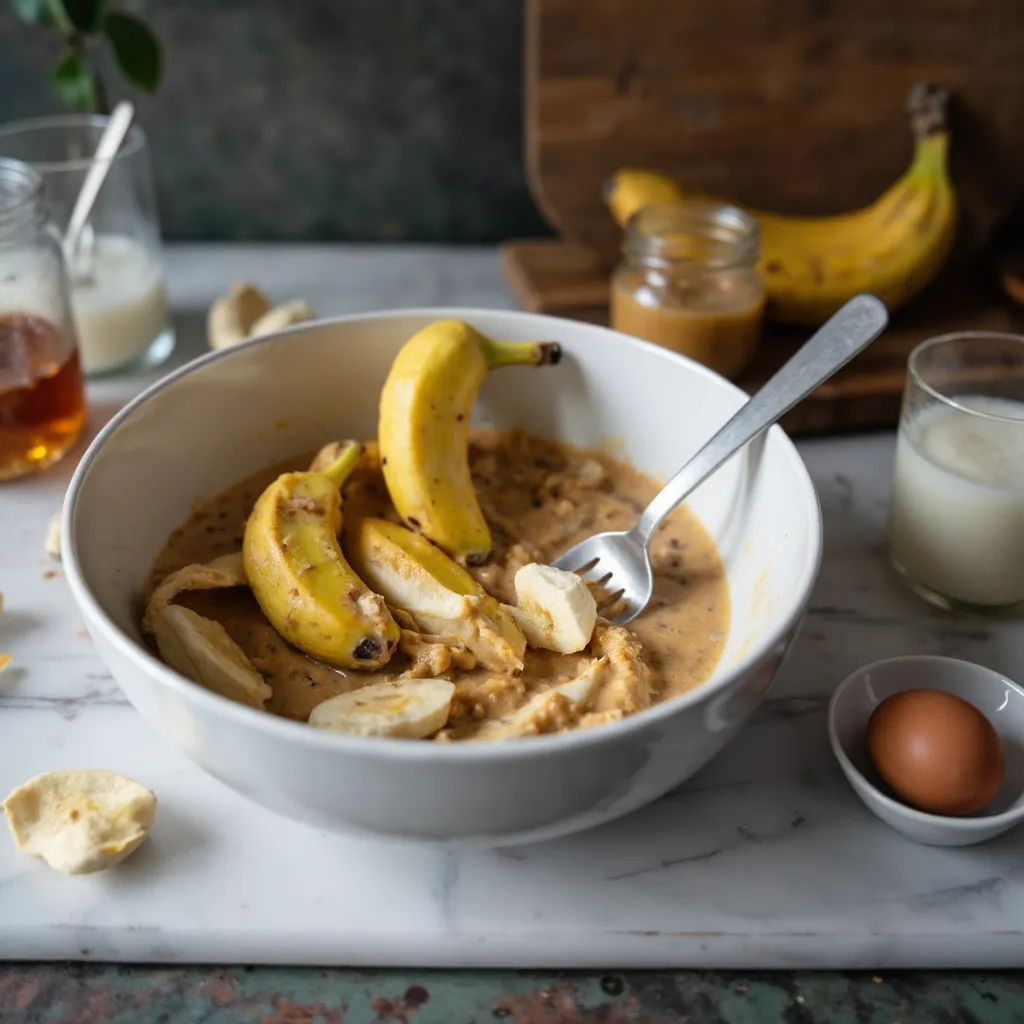 Zermueste Banane in Ruehrschuessel mit Erdnussbutter, Milch, Ei und Ahornsirup auf Marmorarbeitsplatte