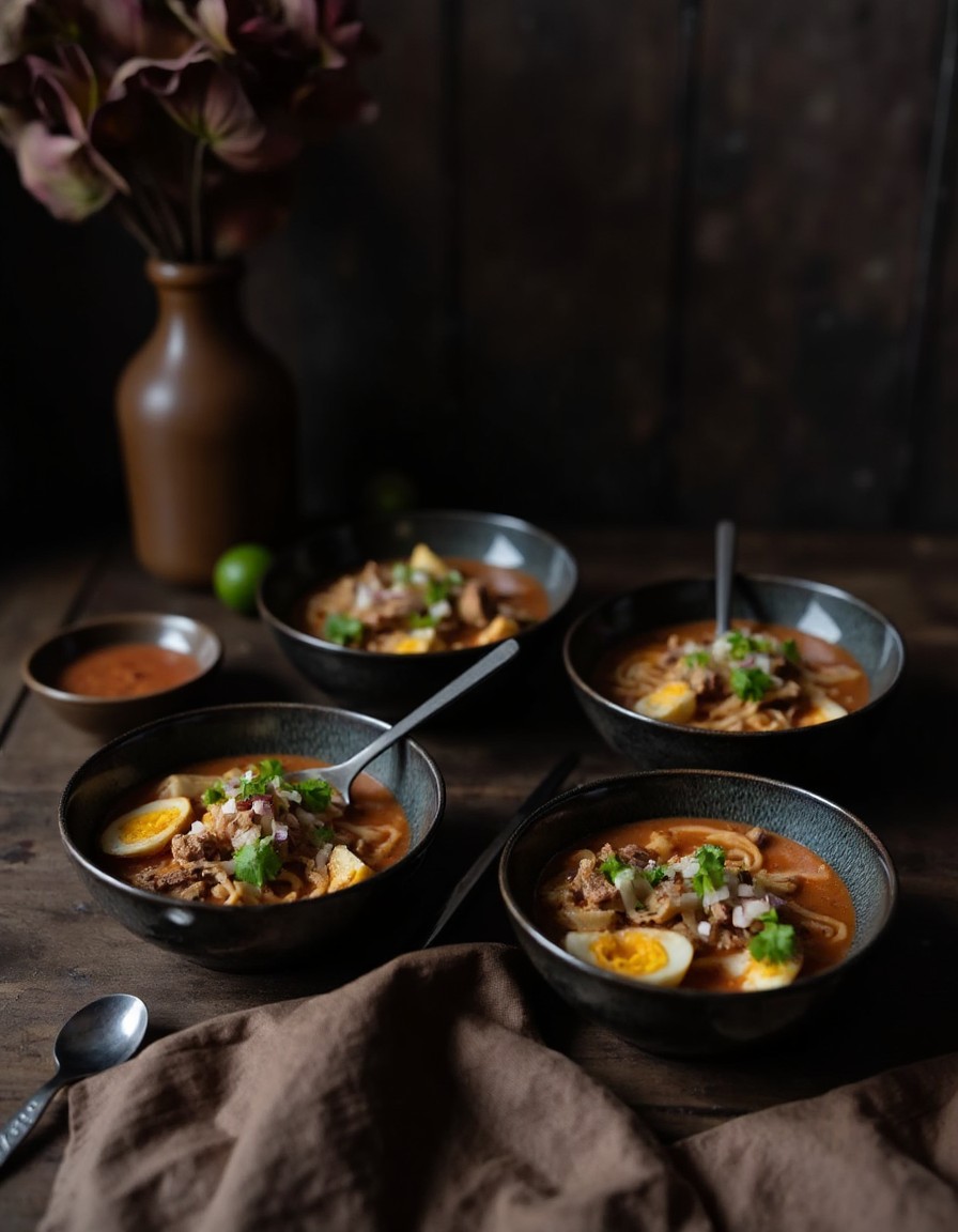 Vier Portionen Birria Ramen angerichtet in tiefen Schalen mit Schmorfleisch, wachsweichen Eiern, Koriander und Limette
