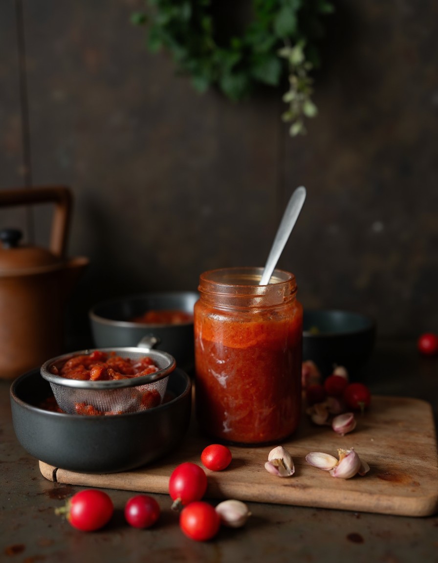 Leuchtend rote Birria-Sauce wird im Mixer püriert und durch ein feines Sieb in eine Schüssel gestrichen