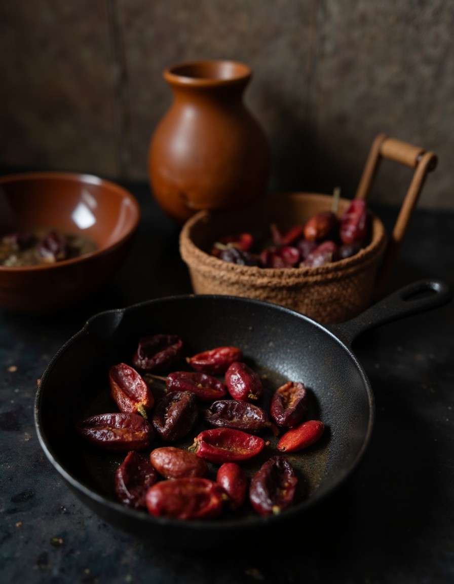 Getrocknete Guajillo- und Ancho-Chilis werden in einer gusseisernen Pfanne geröstet und daneben in heißem Wasser eingeweicht