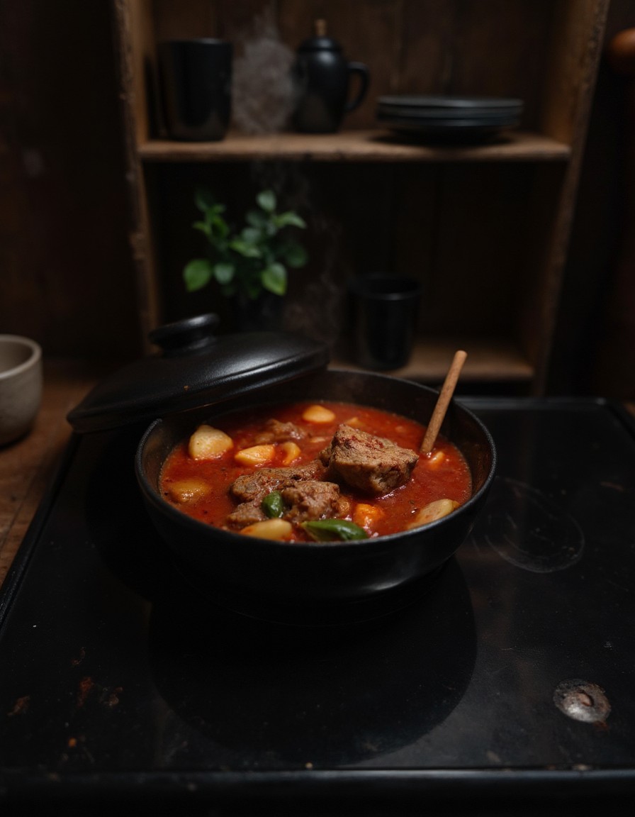Rindfleisch schmort in tief roter Birria-Sauce mit Zimtstange und Lorbeerblättern im Dutch Oven auf dem Herd