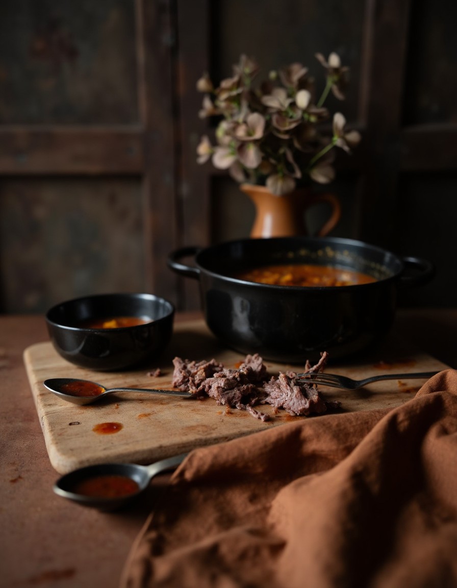 Butterzartes Birria-Schmorfleisch wird auf einem Holzbrett mit zwei Gabeln in Fasern zerzupft, daneben der glänzende Consomé