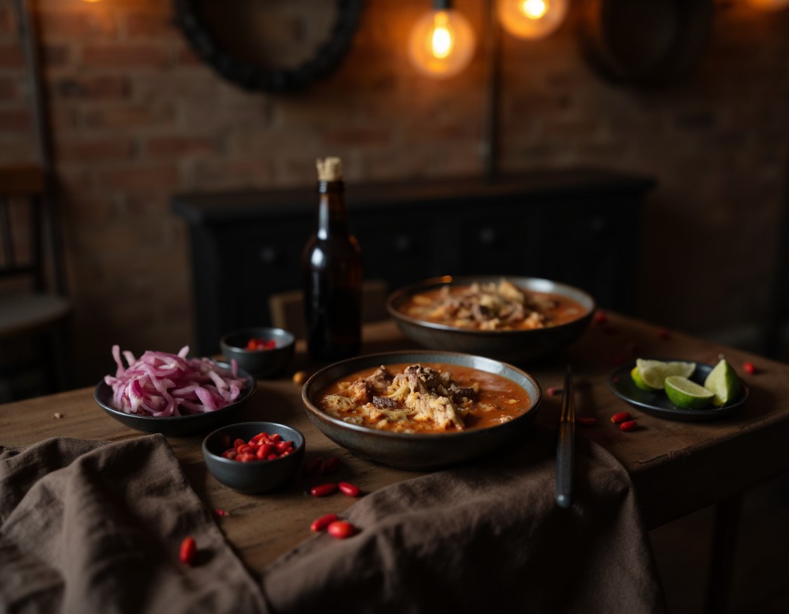 Gedeckter Tisch mit zwei Schalen Birria Ramen, eingelegten Zwiebeln, Limetten, Chiliöl und mexikanischem Bier