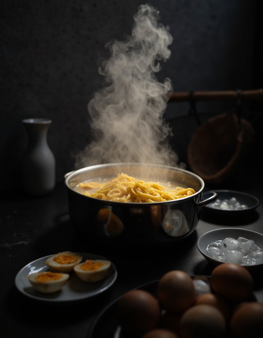 Ramen-Nudeln kochen in sprudelndem Wasser, daneben halbierte wachsweiche Eier mit cremig-orangem Dotter auf einem Teller